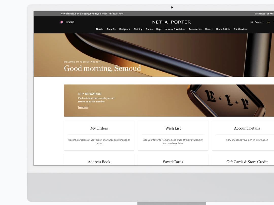 NET-A-PORTER Rewards Program account screen on desktop