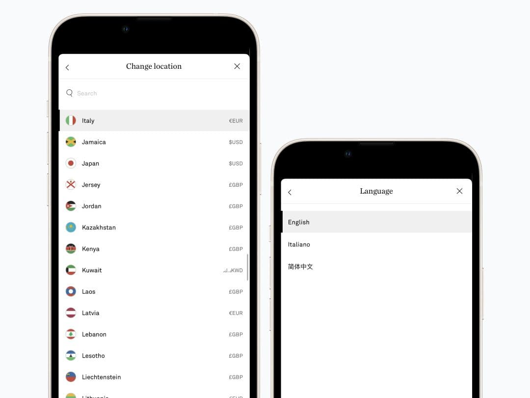 NET-A-PORTER Italian country and language selector on mobile